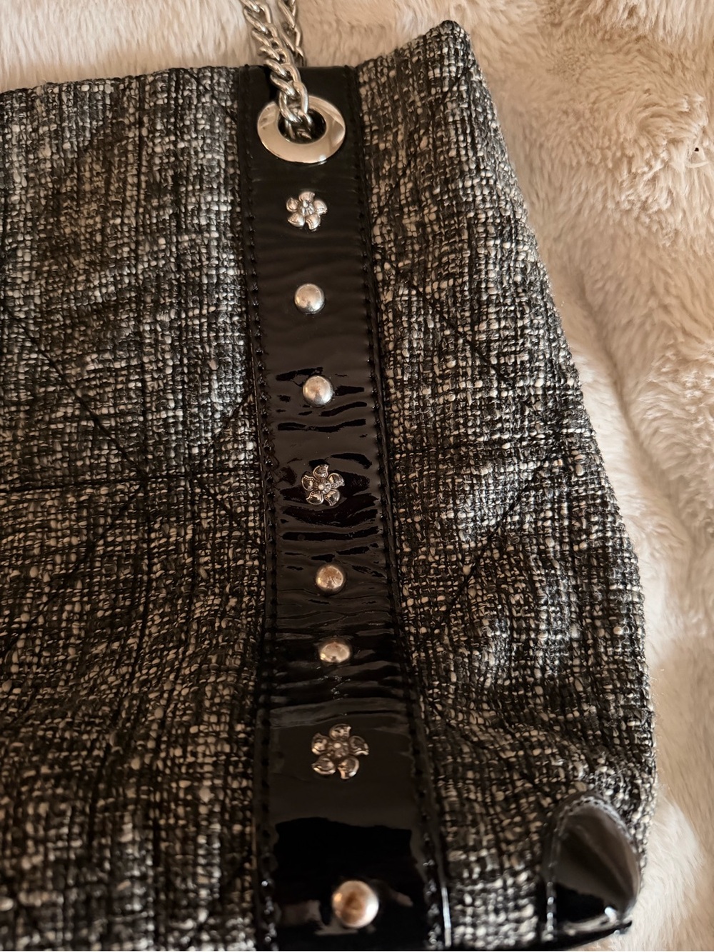Brighton Black And White Tweed Tote Bag with Chain Handles - Picture 3 of 10